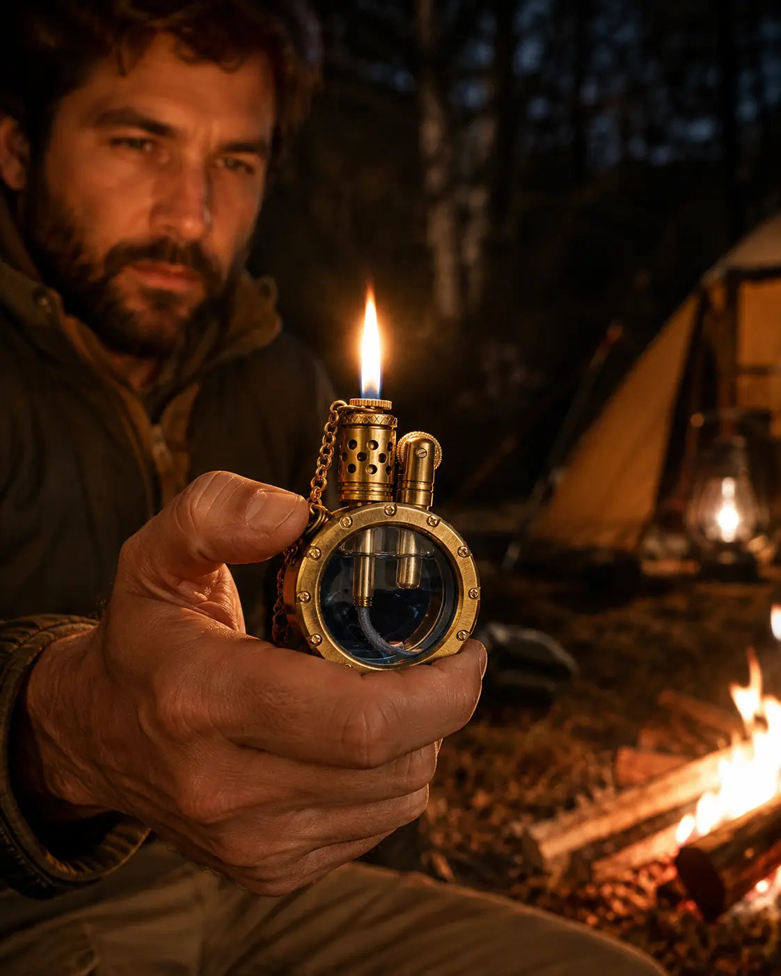 Brass trench lighter body showing patina detail