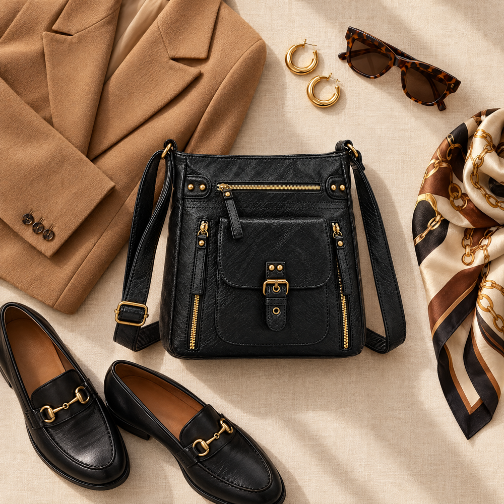 Black retro square bag styled with a blazer, scarf and loafers