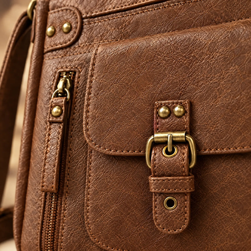 Close-up of the textured vegan leather, buckle and studs