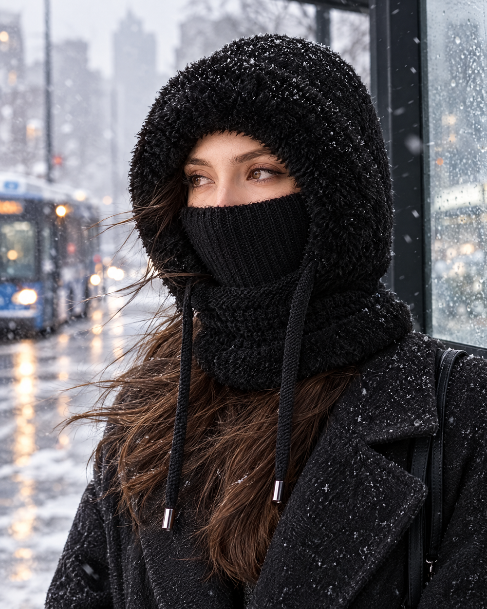 Black hooded balaclava at a windy winter bus stop