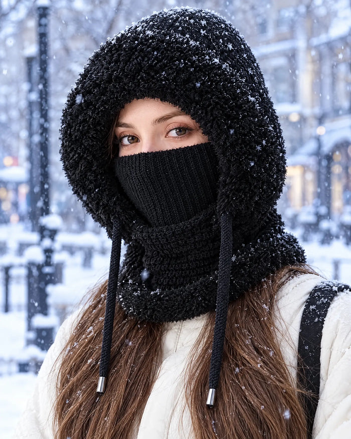 Balaclava with the ribbed face mask pulled up