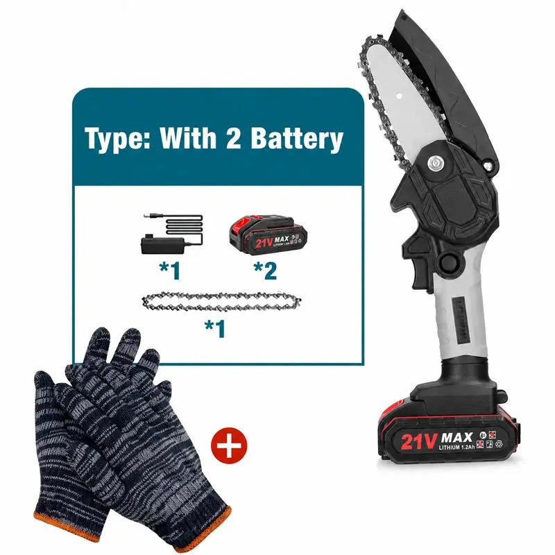 6-inch battery-powered mini chain saw with 2 batteries