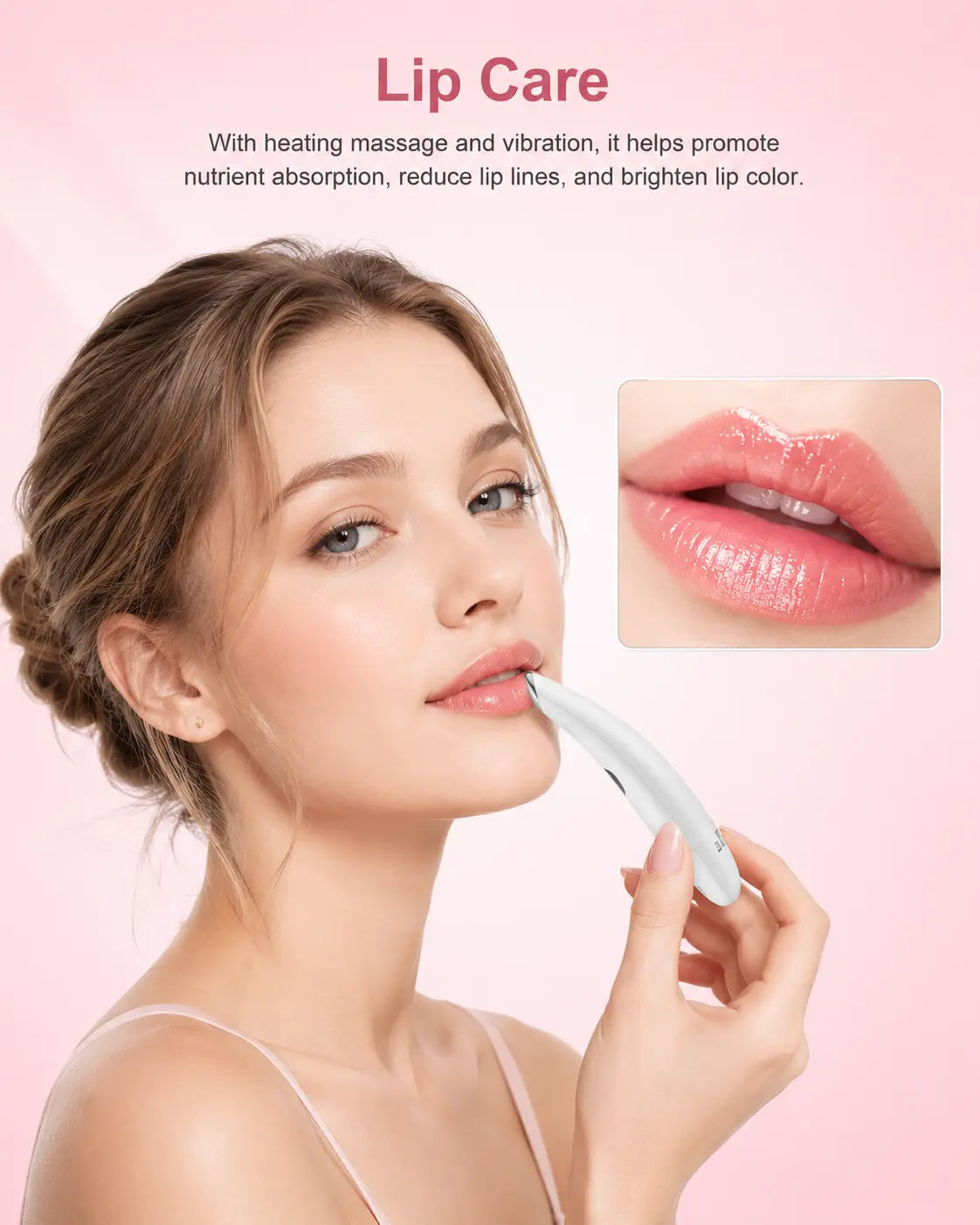 A woman applies a white handheld lip care device to her lips against a soft pink background, with marketing text at the top and a close-up inset of glossy lips.