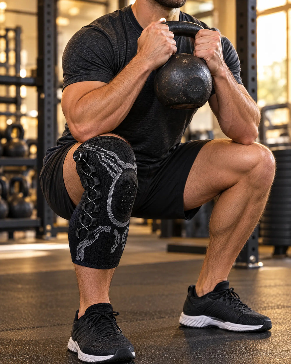 Knee sleeve worn during a kettlebell squat