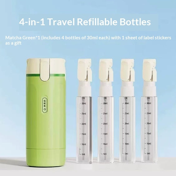Four refillable 30ml bottles twisted apart on white background
