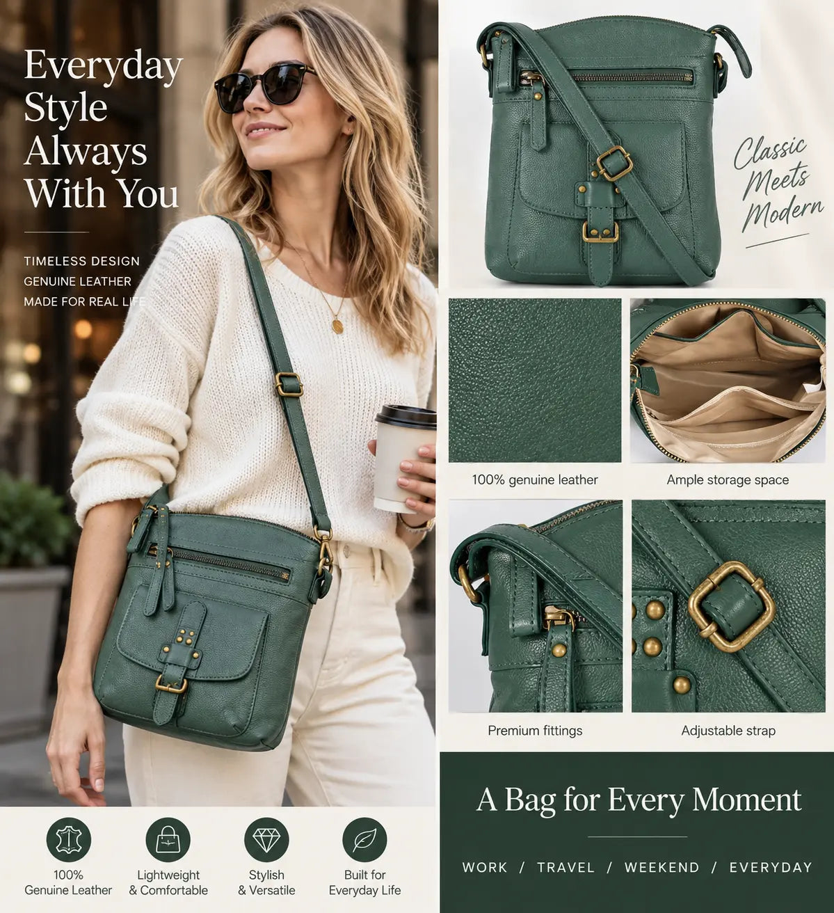 Full-Grain Leather Crossbody Bag for Women – Medium, Olive Wash Hottoget