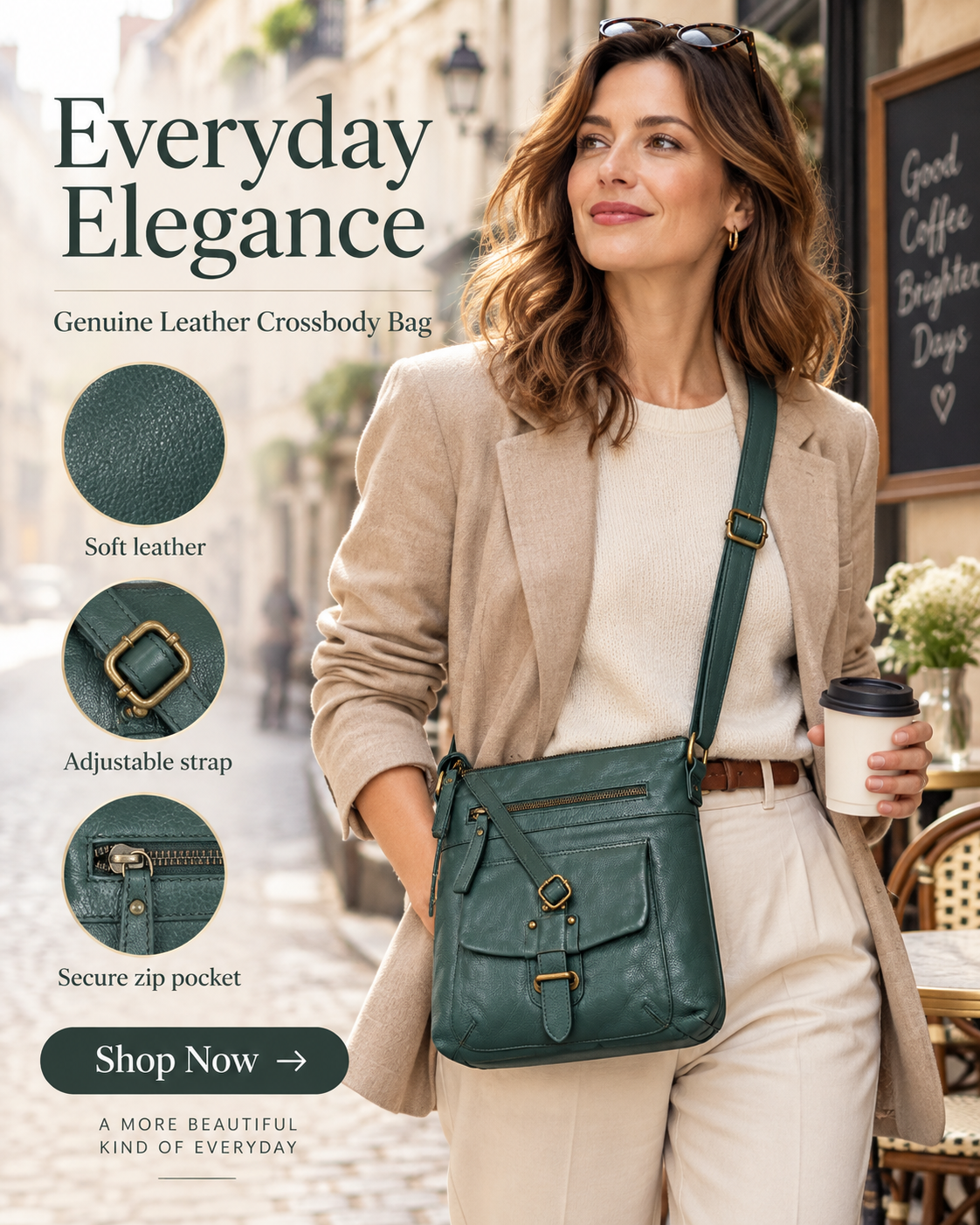 Full-Grain Leather Crossbody Bag for Women – Medium, Olive Wash - Hottoget