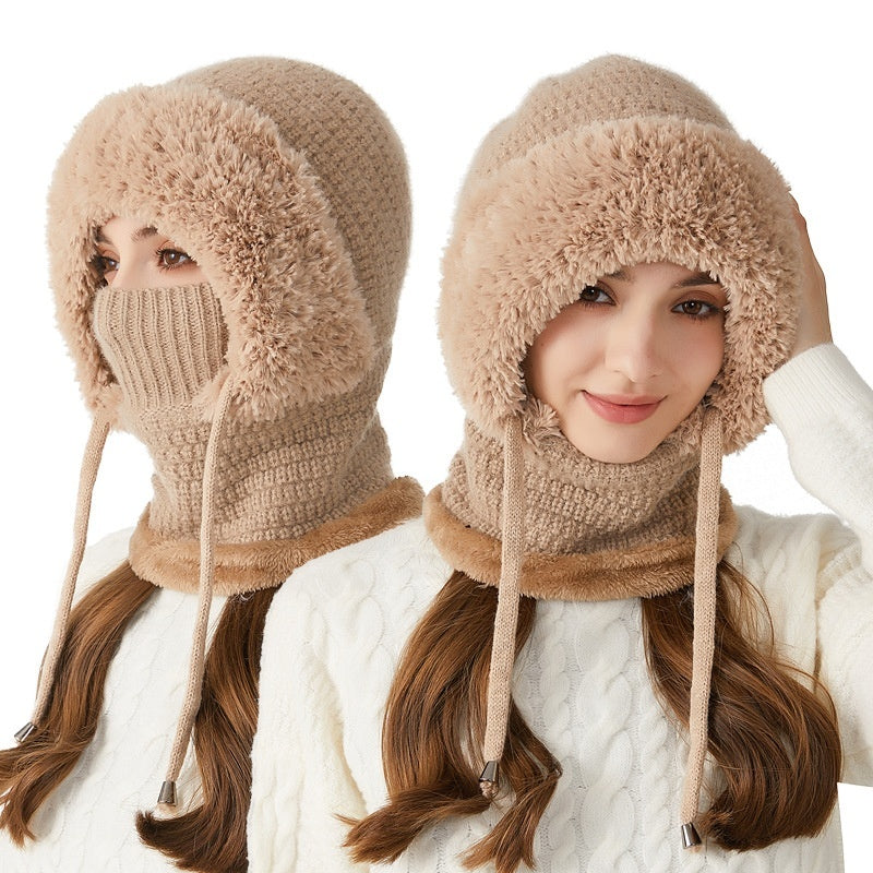 Women's knit balaclava hat with integrated scarf and ear flaps