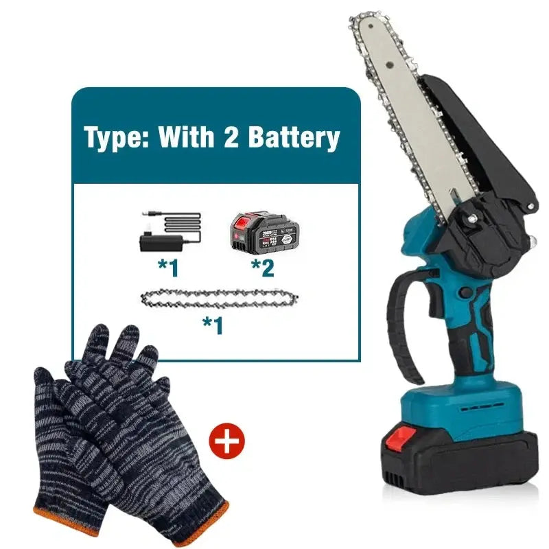 6-inch battery-powered mini chain saw with 2 batteries