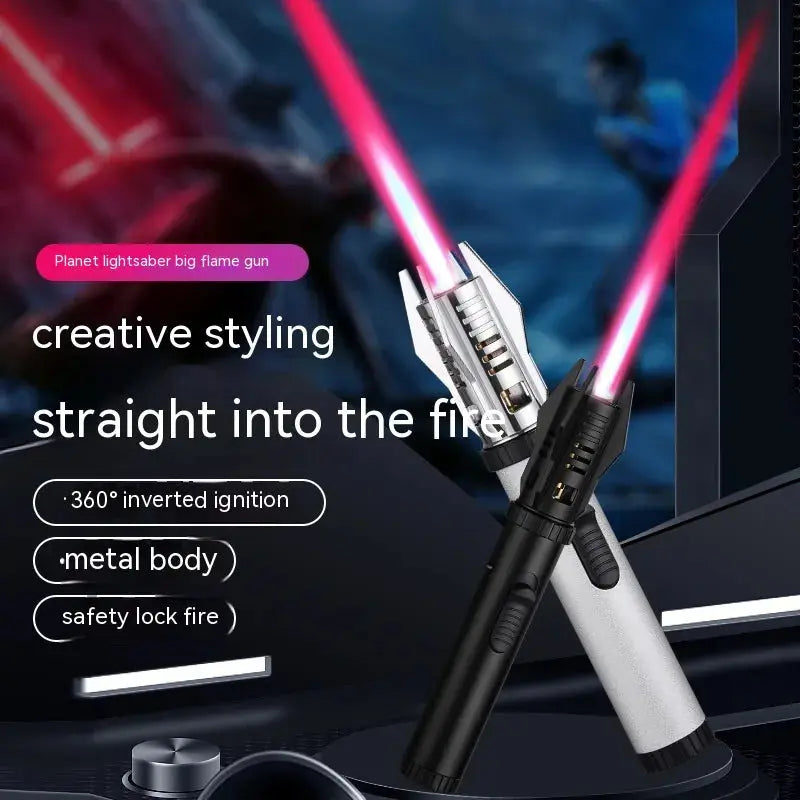 Two saber-style torch lighters in black and silver, crossed, with glowing red blades
