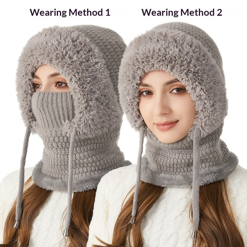 Gray 4-in-1 knit balaclava hood with integrated scarf