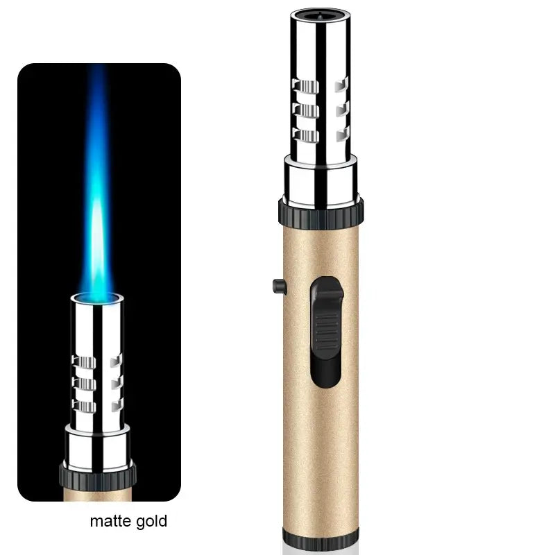 Gold finish windproof torch lighter with a blue jet flame on a white background
