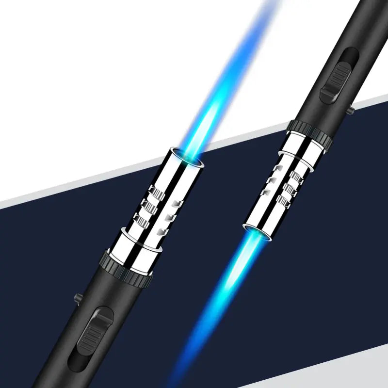 Two saber-style torch lighters with glowing blue blades on a white background