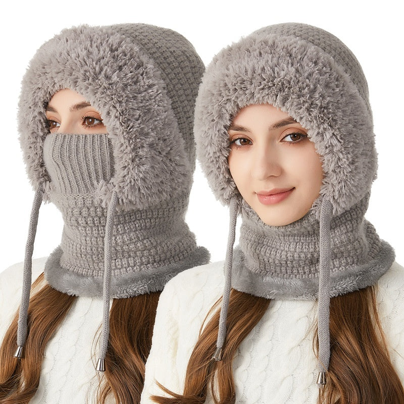 Winter knit hood with pull-up face cover and fuzzy trim