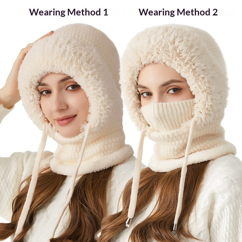Beige 4-in-1 knit balaclava hood with integrated scarf