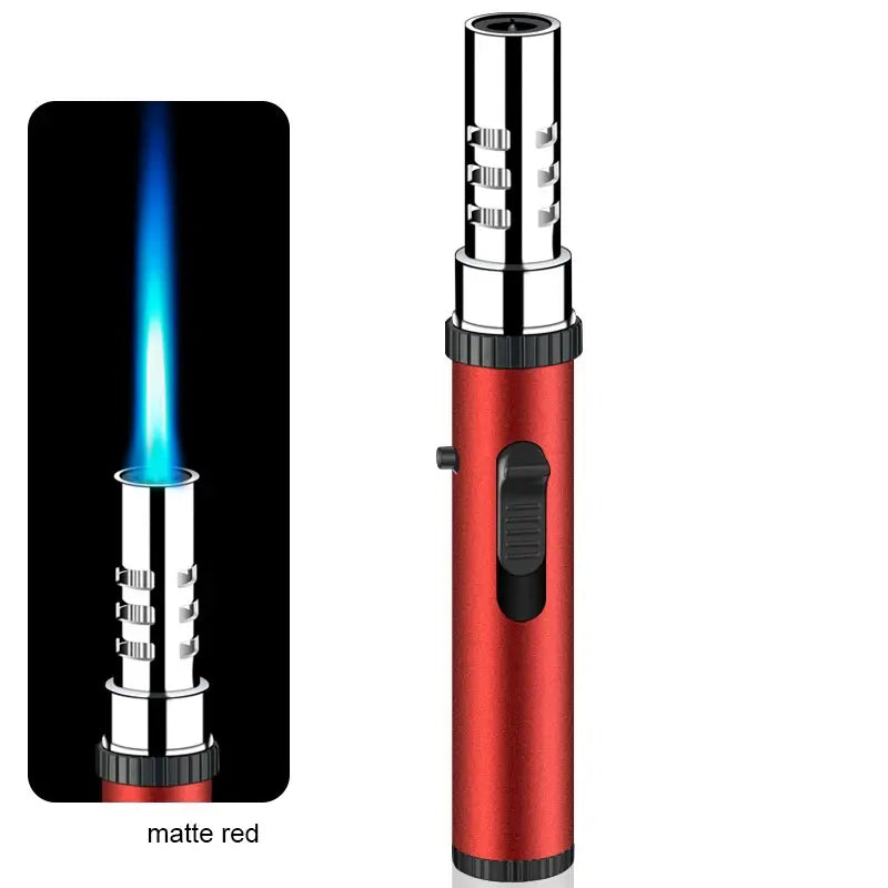 Red metal butane torch lighter burning a blue jet flame on a black background