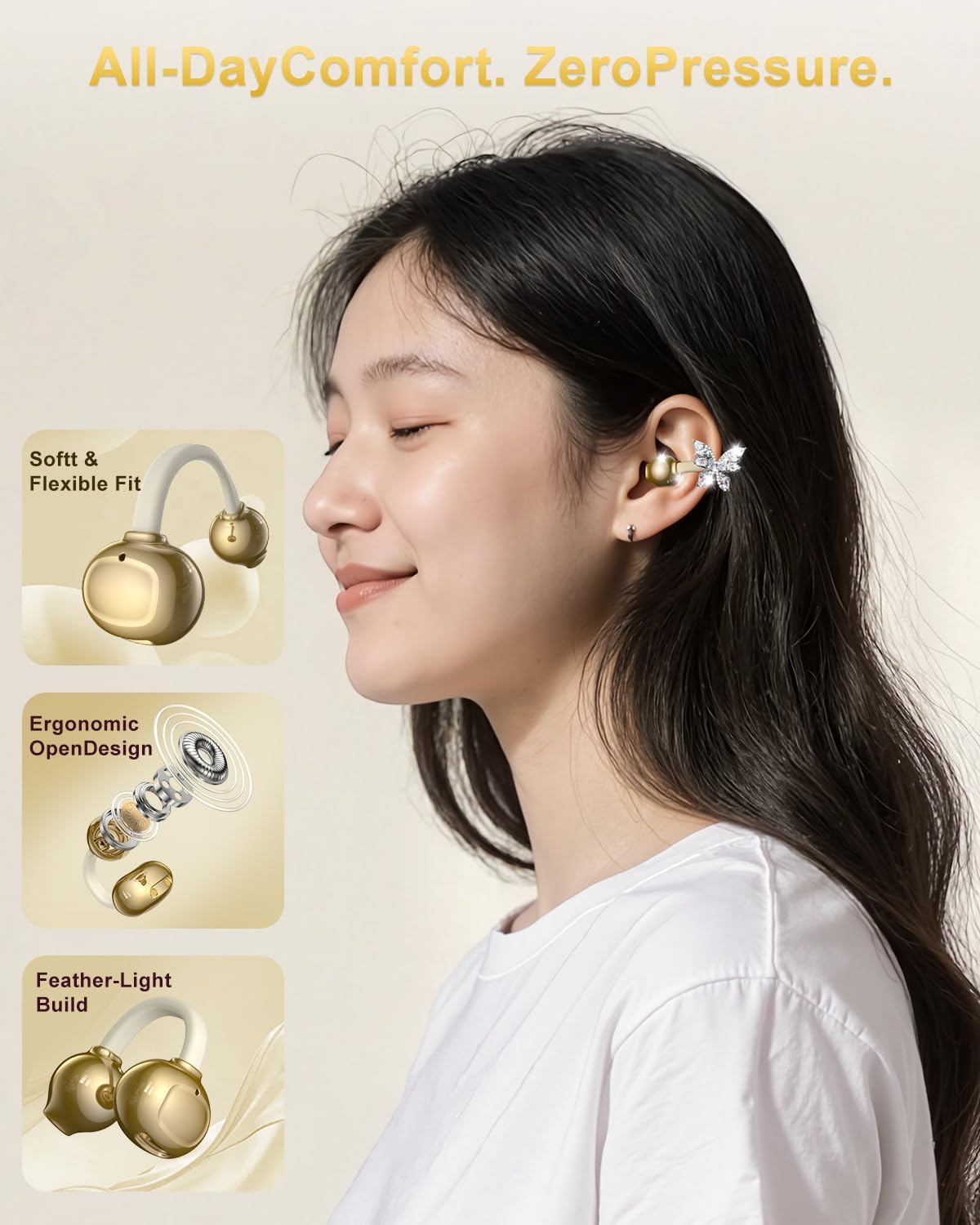 Stylish Bluetooth Wireless Open Ear Earbuds with Elegant Butterfly Clip Design - IPX5 Waterproof Headphones for Active Women and Girls, Perfect for Sports and Workouts
