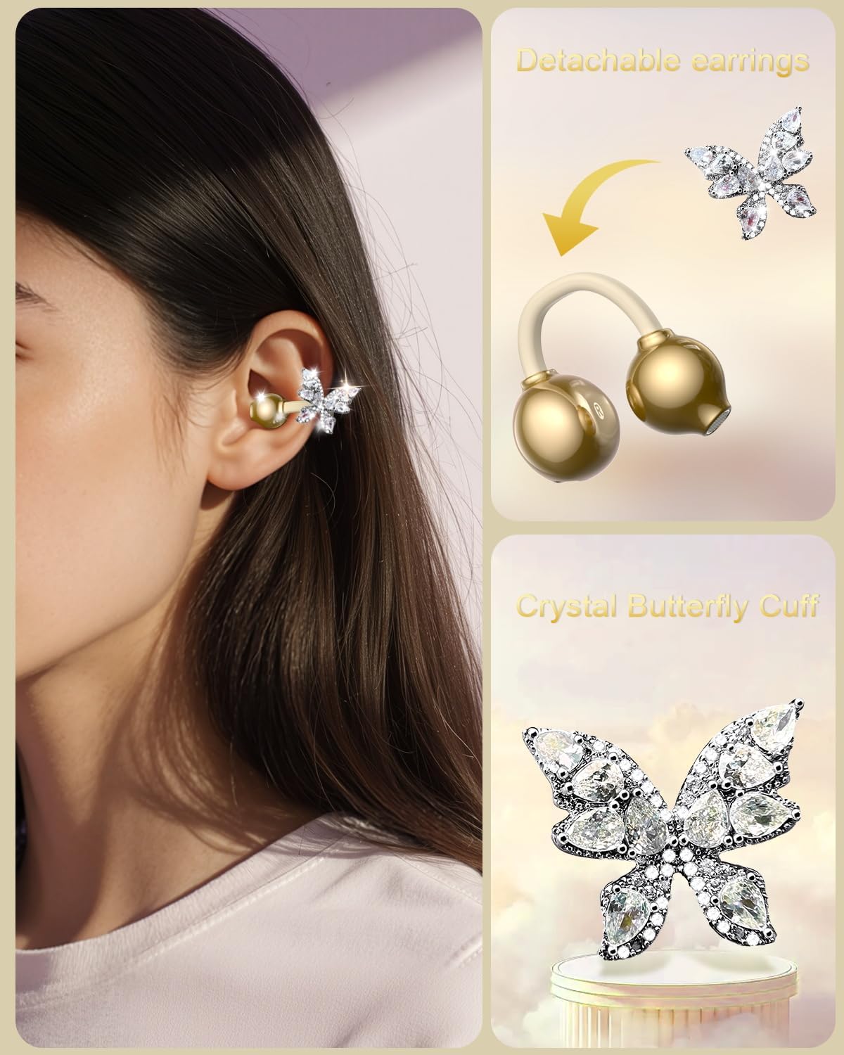 Stylish Bluetooth Wireless Open Ear Earbuds with Elegant Butterfly Clip Design - IPX5 Waterproof Headphones for Active Women and Girls, Perfect for Sports and Workouts