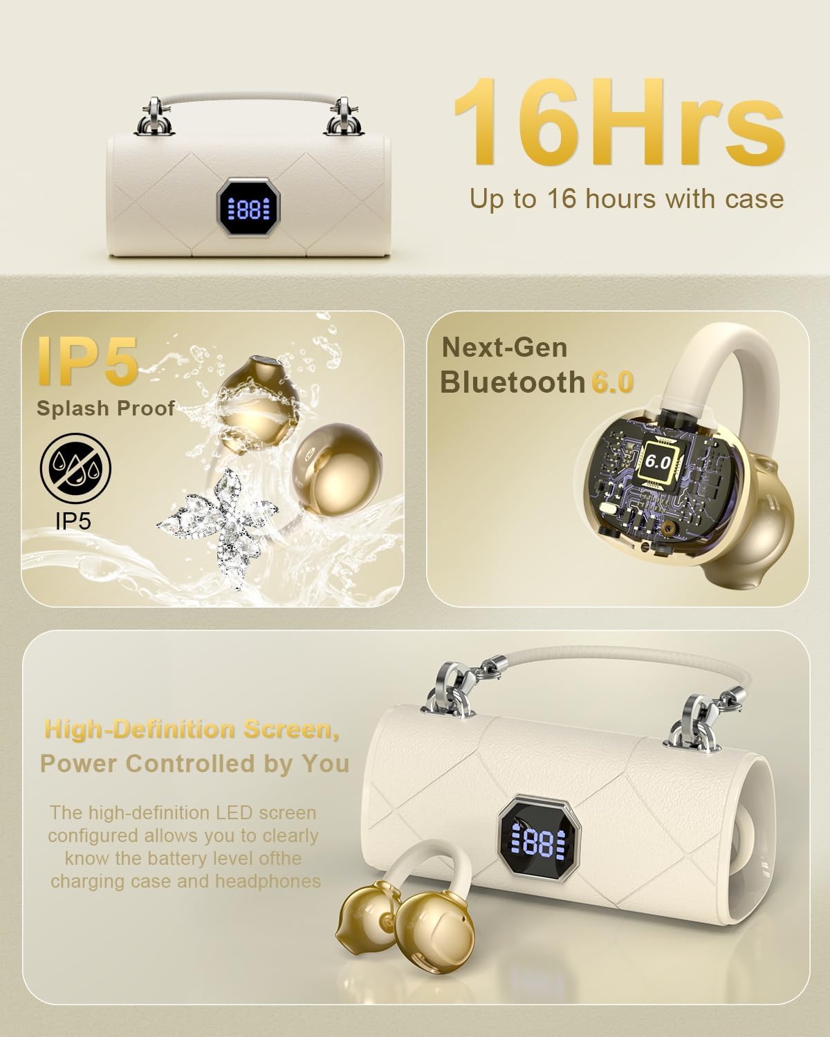 Stylish Bluetooth Wireless Open Ear Earbuds with Elegant Butterfly Clip Design - IPX5 Waterproof Headphones for Active Women and Girls, Perfect for Sports and Workouts