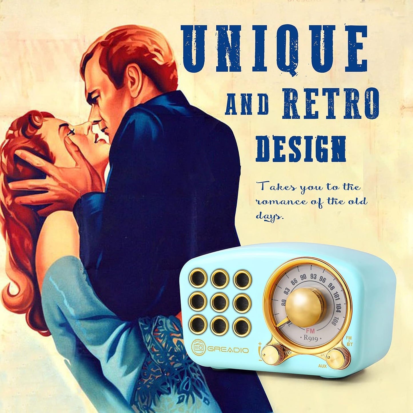 Retro Bluetooth Speaker - Vintage FM Radio with Classic Design, Enhanced Bass, High Volume, Bluetooth 5.0 Wireless Connectivity, TF Card and MP3 Player (Blue)