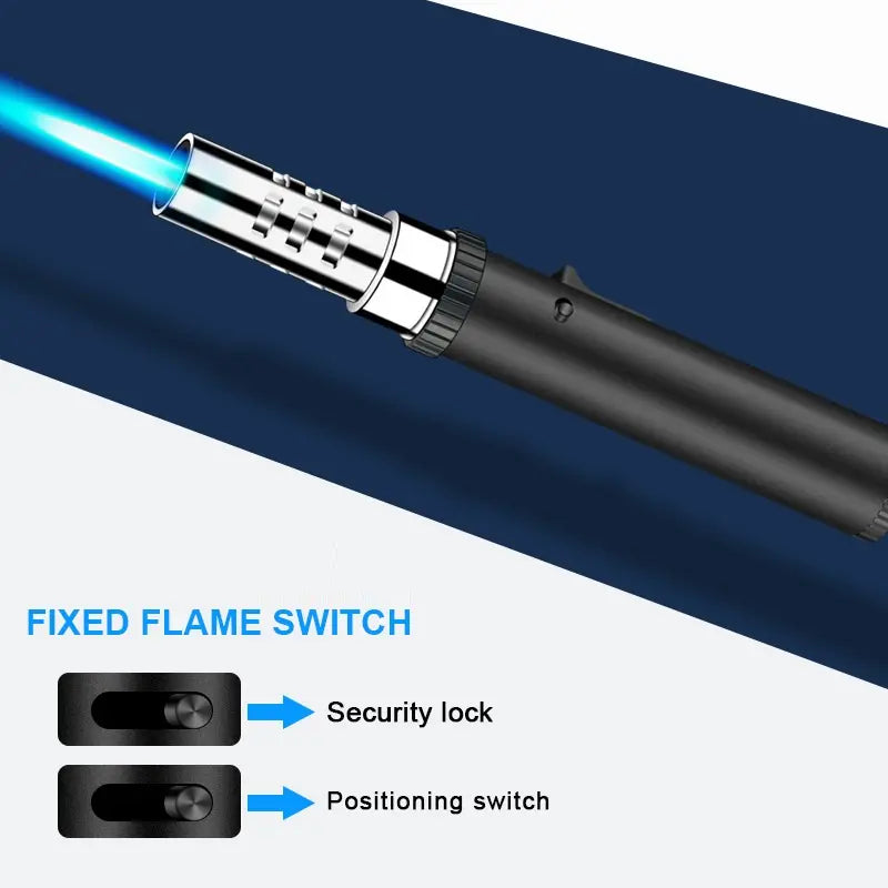 Black torch lighter with blue flame, labelled fixed flame switch, security lock and positioning switch