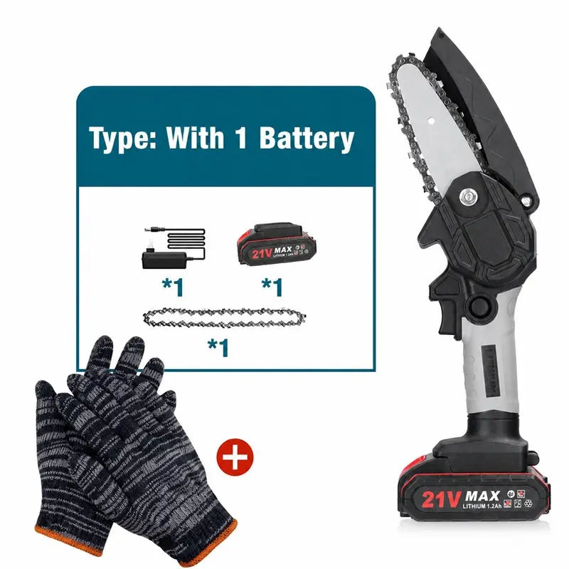 6-inch battery-powered mini chain saw with 2 batteries
