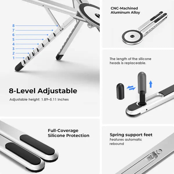 Elevate Your Workspace with the Viozon Portable Aluminum Laptop Stand - Adjustable, Foldable & Magnetic Phone Holder for 10–16” Laptops & 4–13” Phones/Tablets (Silver)