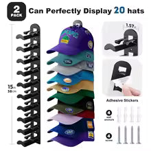 Baseball Cap Organizer — Wall-Mounted Hat Rack, Holds Up to 18 Caps, Adhesive or Drill Mount