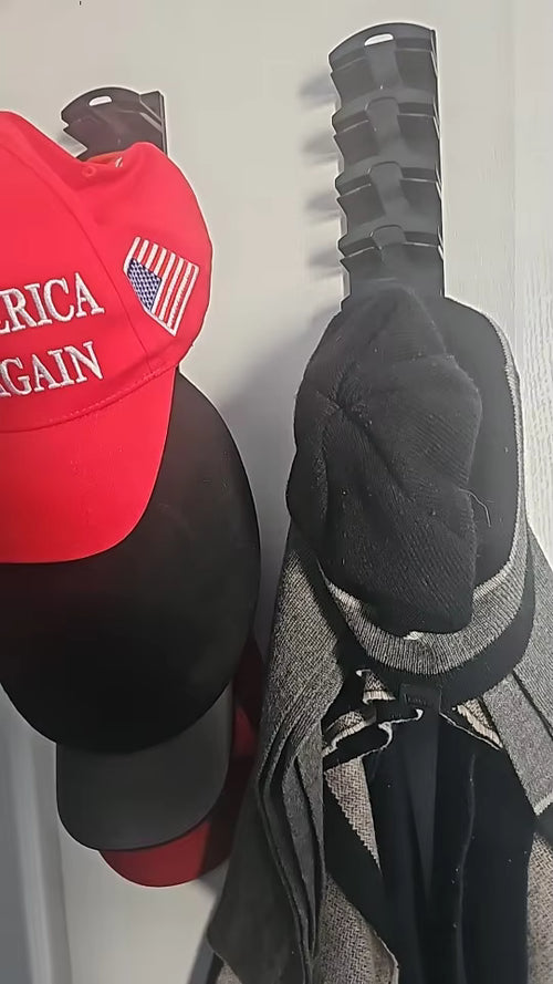 Customer photo of caps hanging on the rack