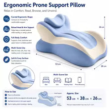 Ergonomic Prone Support Pillow with dimensions and features on a white background