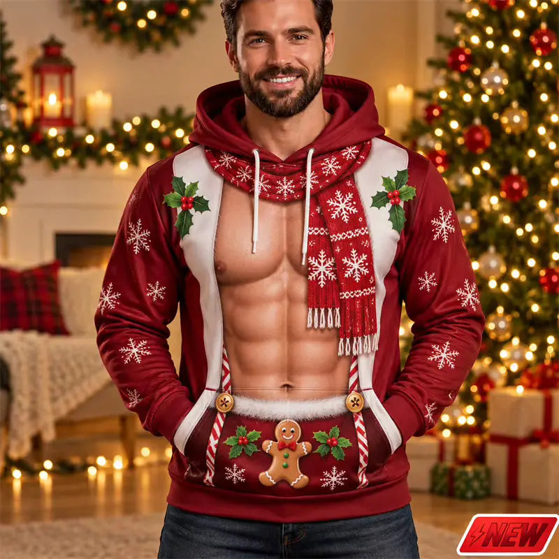 Festive Collection | 3D Printed Christmas Hoodie with Fake Muscle Design | Unisex Long Sleeve Sweatshirt for Holiday Cheer 0