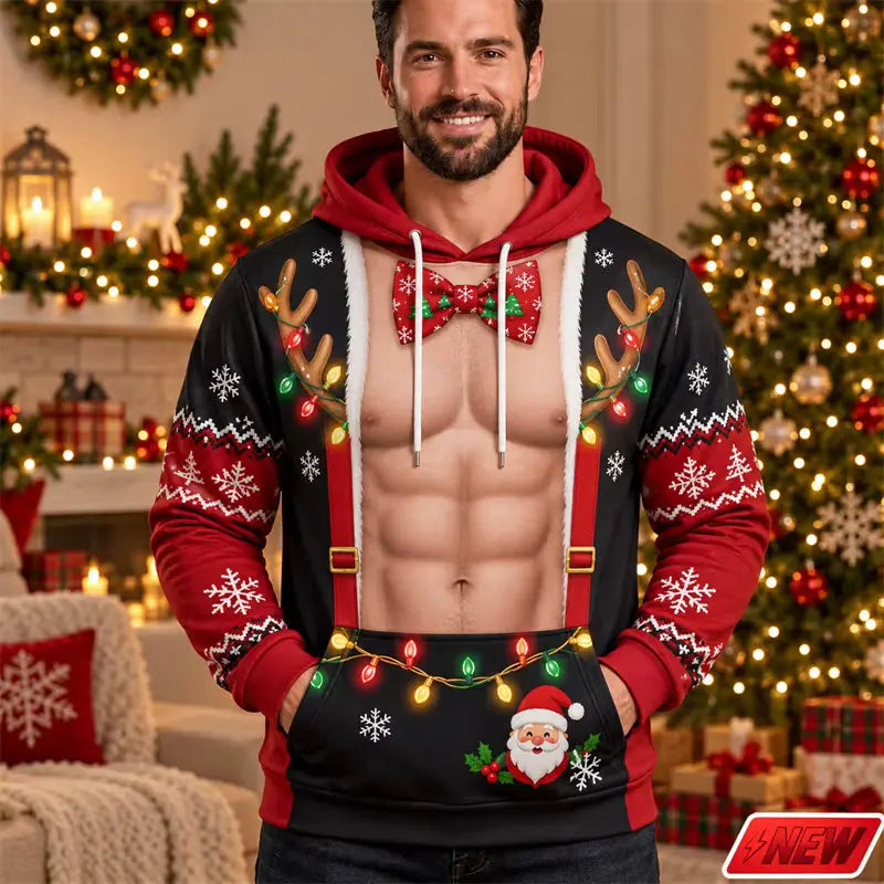 Festive Collection | 3D Printed Christmas Hoodie with Fake Muscle Design | Unisex Long Sleeve Sweatshirt for Holiday Cheer 1