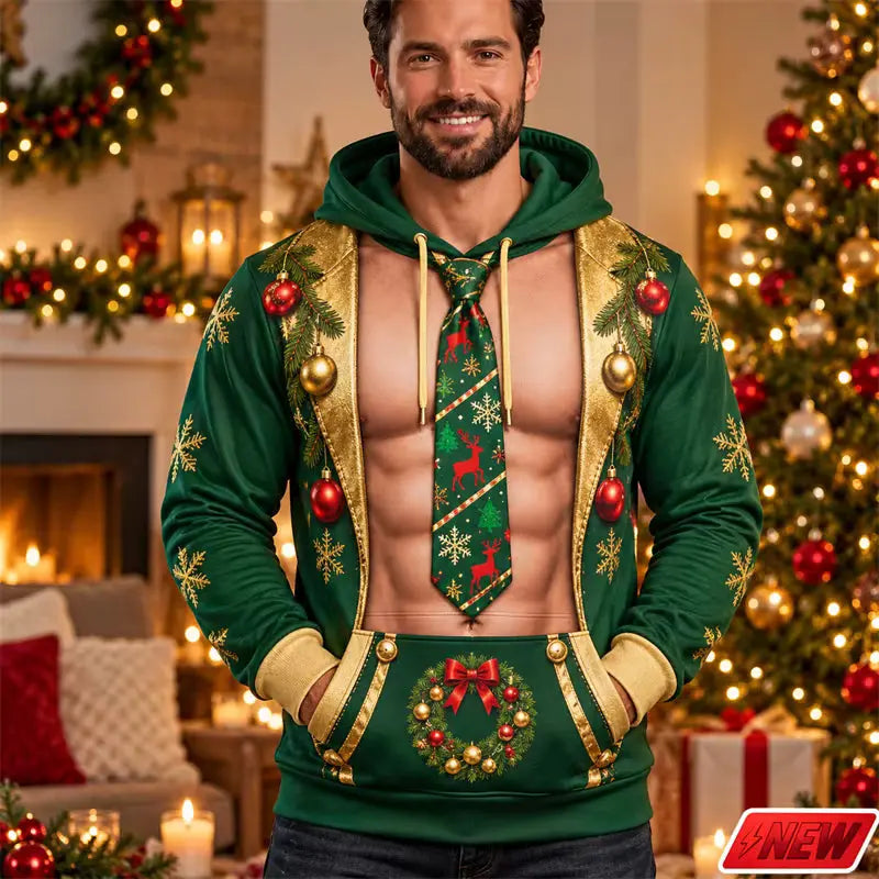 Festive Collection | 3D Printed Christmas Hoodie with Fake Muscle Design | Unisex Long Sleeve Sweatshirt for Holiday Cheer 2