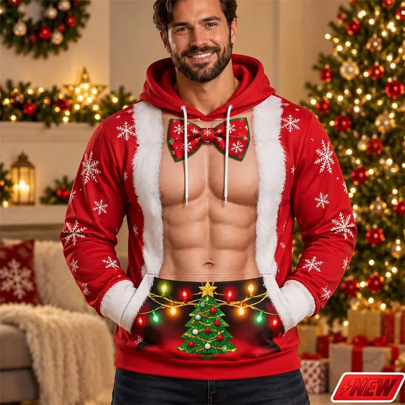 Festive Collection | 3D Printed Christmas Hoodie with Fake Muscle Design | Unisex Long Sleeve Sweatshirt for Holiday Cheer 3