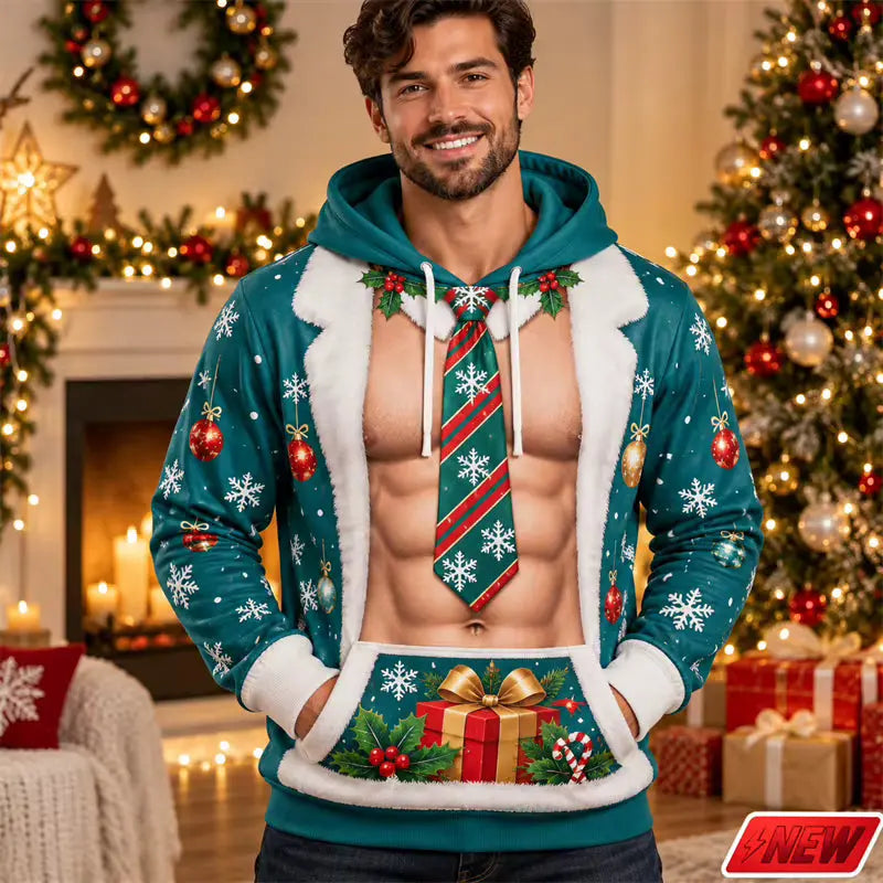 Festive Collection | 3D Printed Christmas Hoodie with Fake Muscle Design | Unisex Long Sleeve Sweatshirt for Holiday Cheer 4