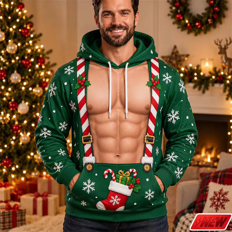 Festive Collection | 3D Printed Christmas Hoodie with Fake Muscle Design | Unisex Long Sleeve Sweatshirt for Holiday Cheer 6
