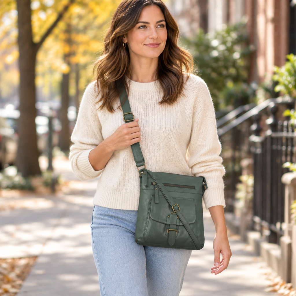 Full-Grain Leather Crossbody Bag for Women – Medium, Olive Wash - Hottoget