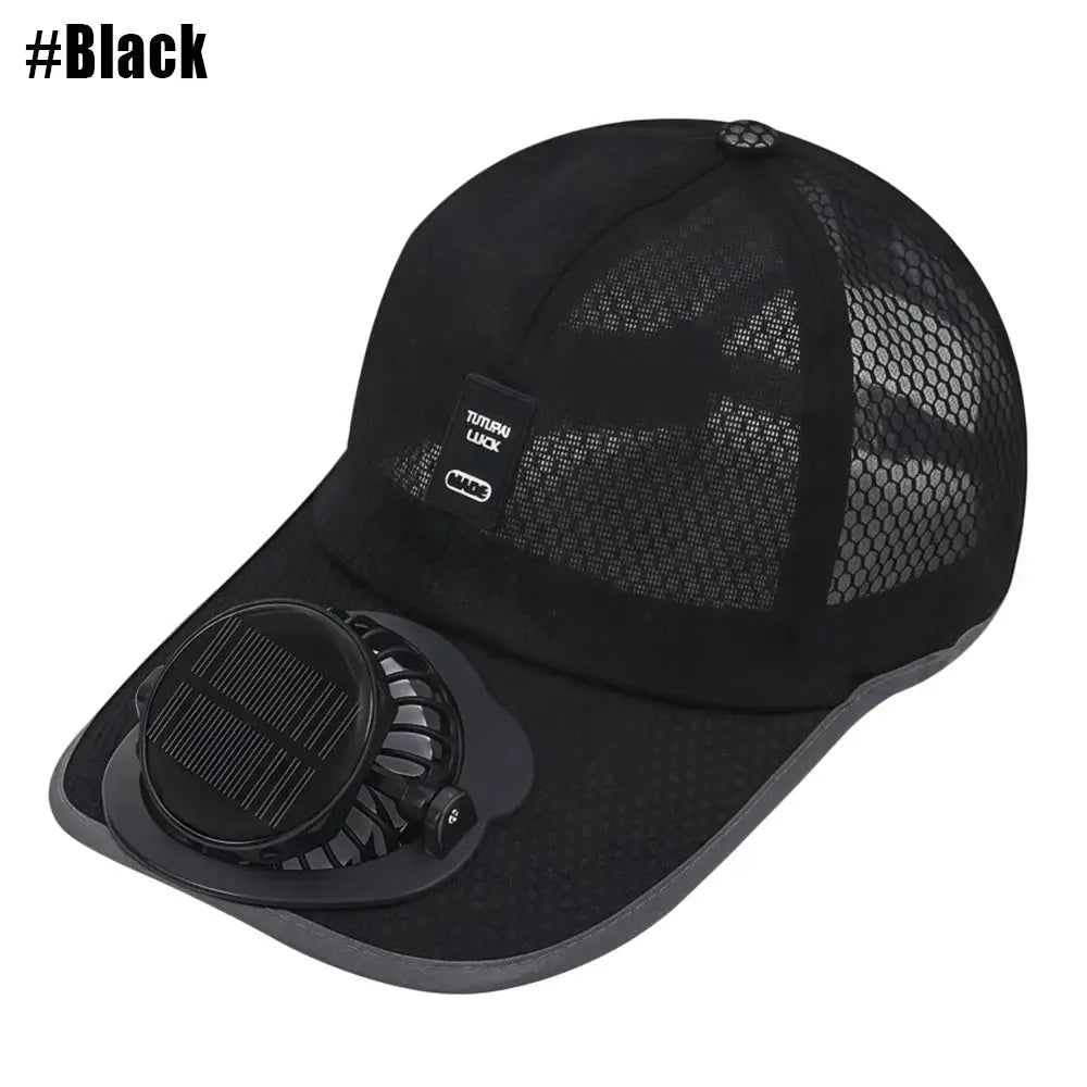 Solar Fan Cooling Cap detail view with the USB charging port and adjustable rear strap