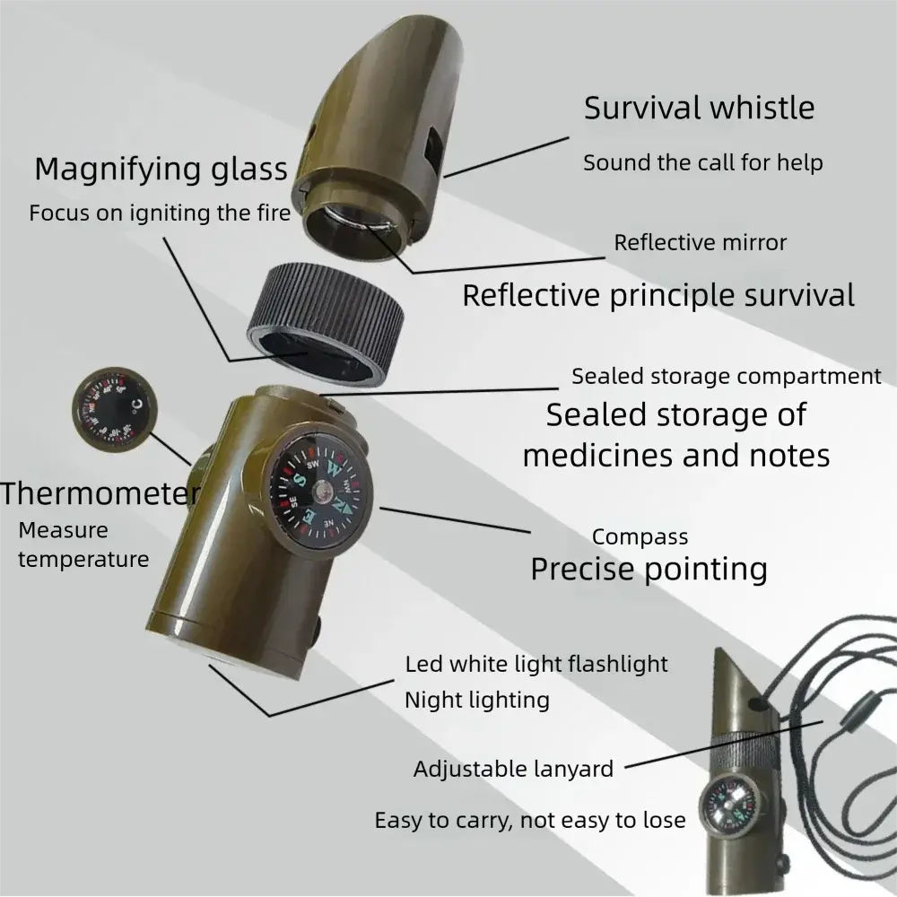 7-in-1 Survival Whistle with Compass, LED Light & Thermometer Hottoget