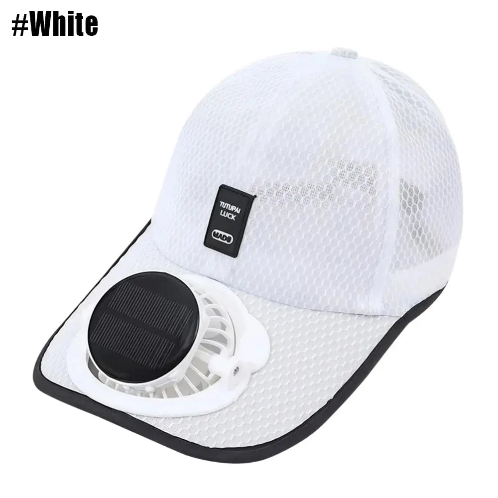 Solar Fan Cooling Cap side view showing the breathable mesh crown and curved brim
