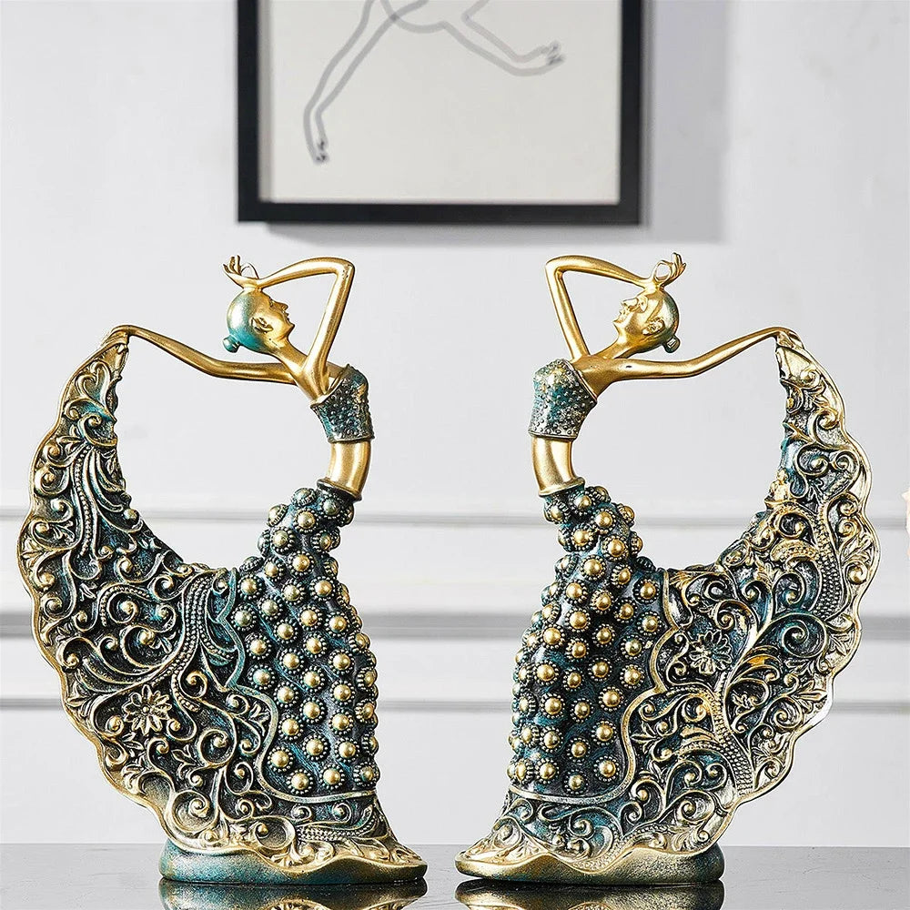 Peacock dancer figurine, side angle showing flowing skirt