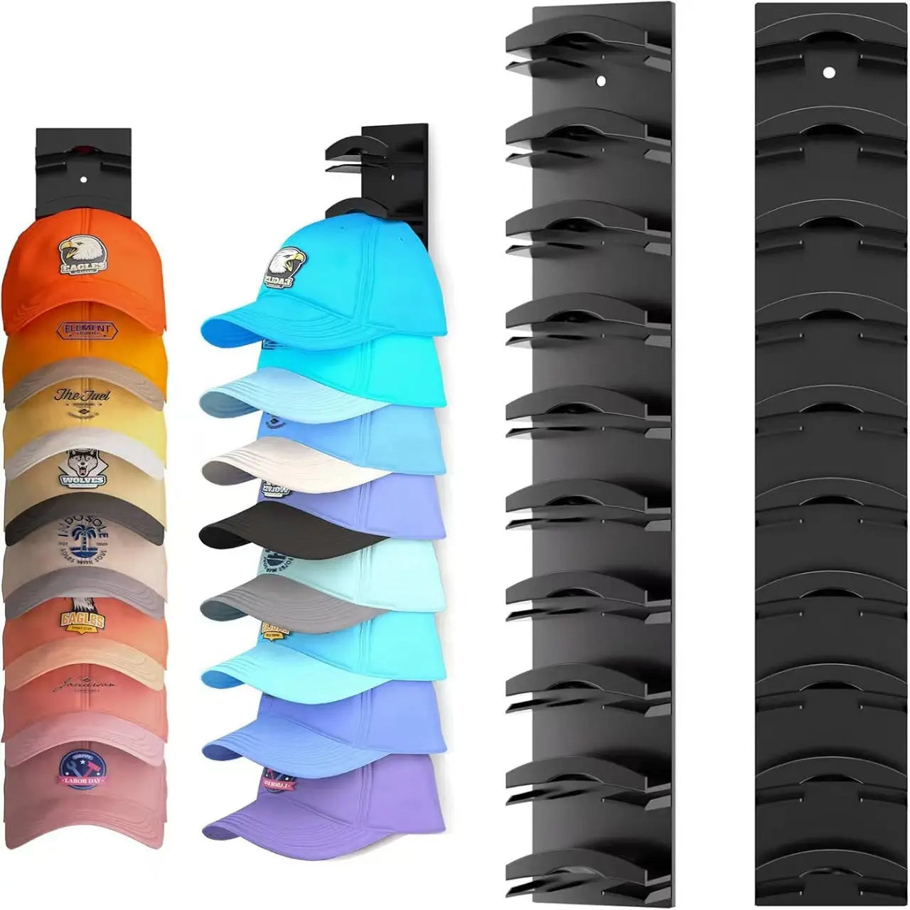 Baseball cap rack shown with caps organized on a bedroom wall