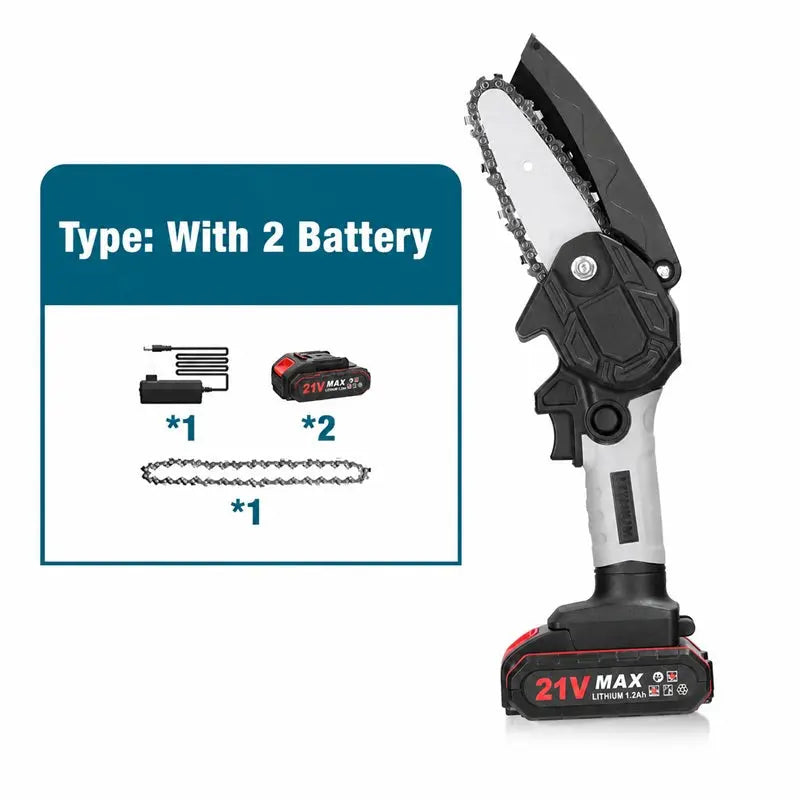 6-inch battery-powered mini chain saw with 2 batteries