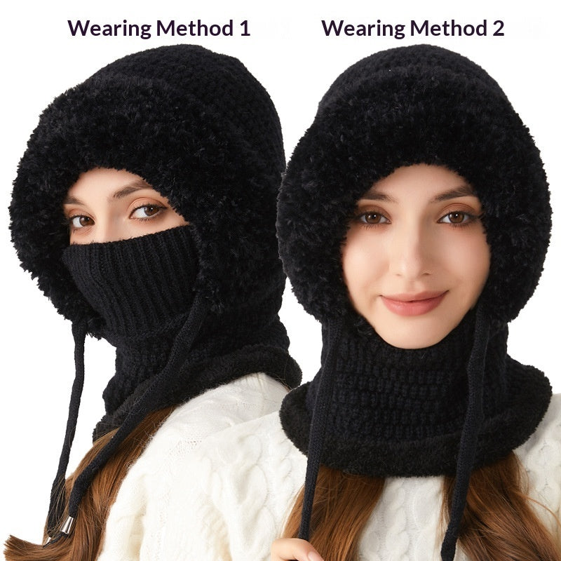 Black 4-in-1 knit balaclava hood with integrated scarf