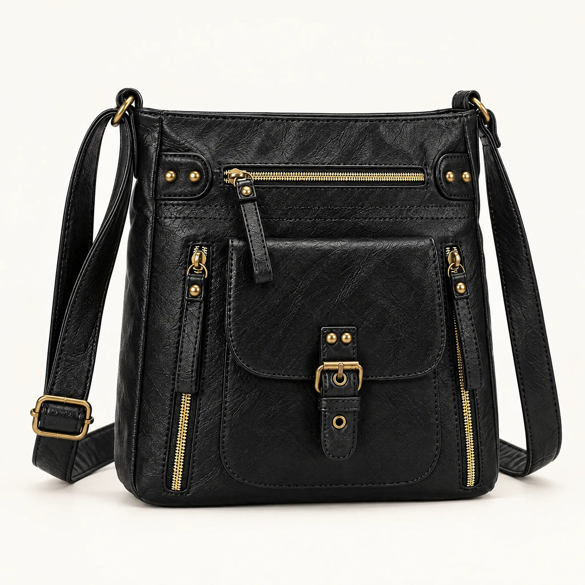 Retro square vegan leather shoulder bag in black