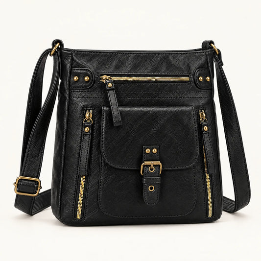 Retro square vegan leather shoulder bag in black