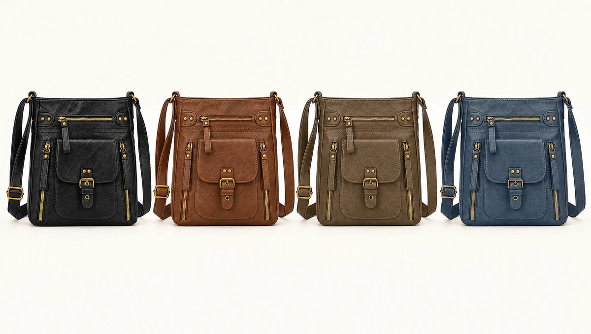 Retro square shoulder bag in black, brown, khaki and peacock blue
