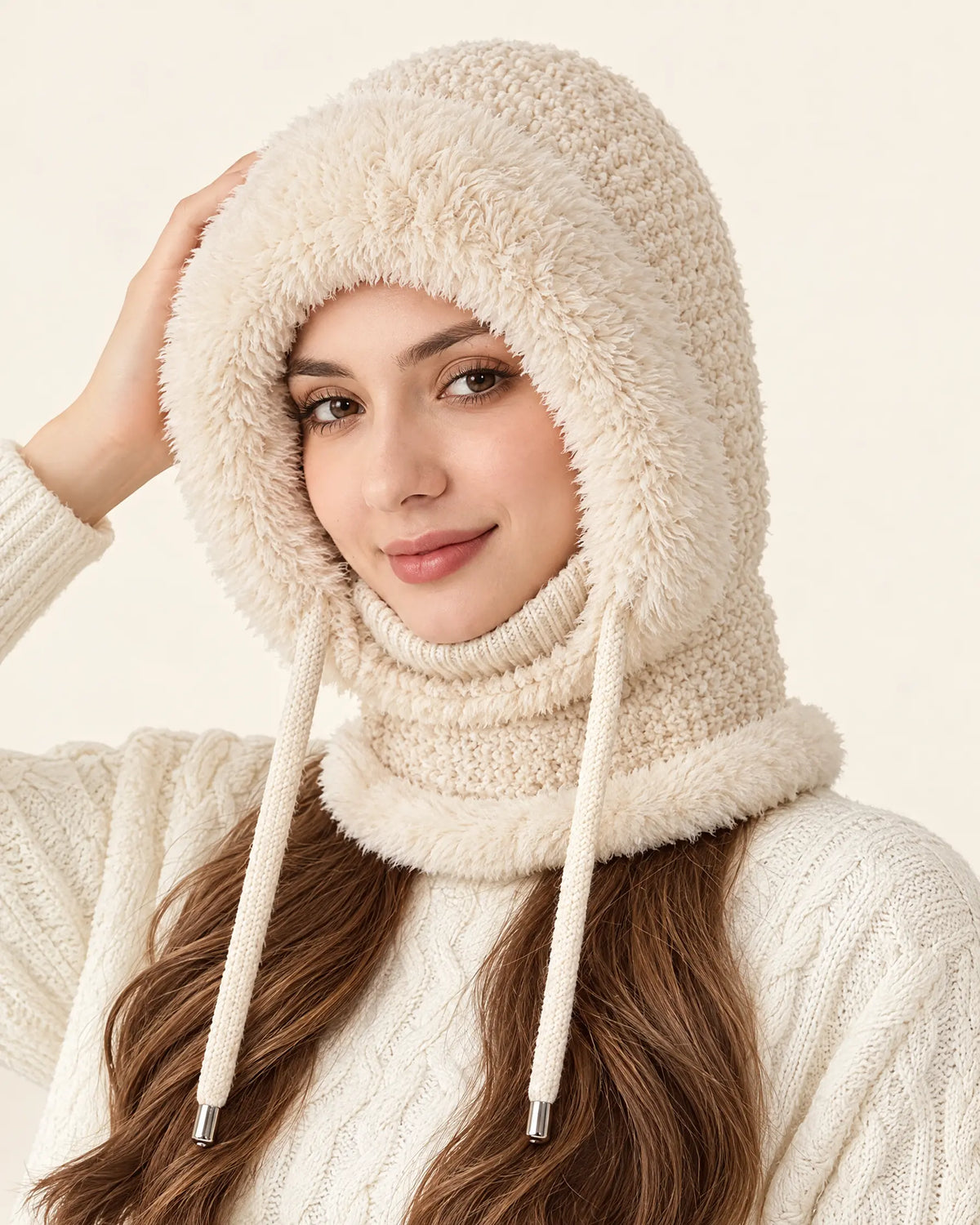 Beige hooded knit balaclava with faux-fur trim