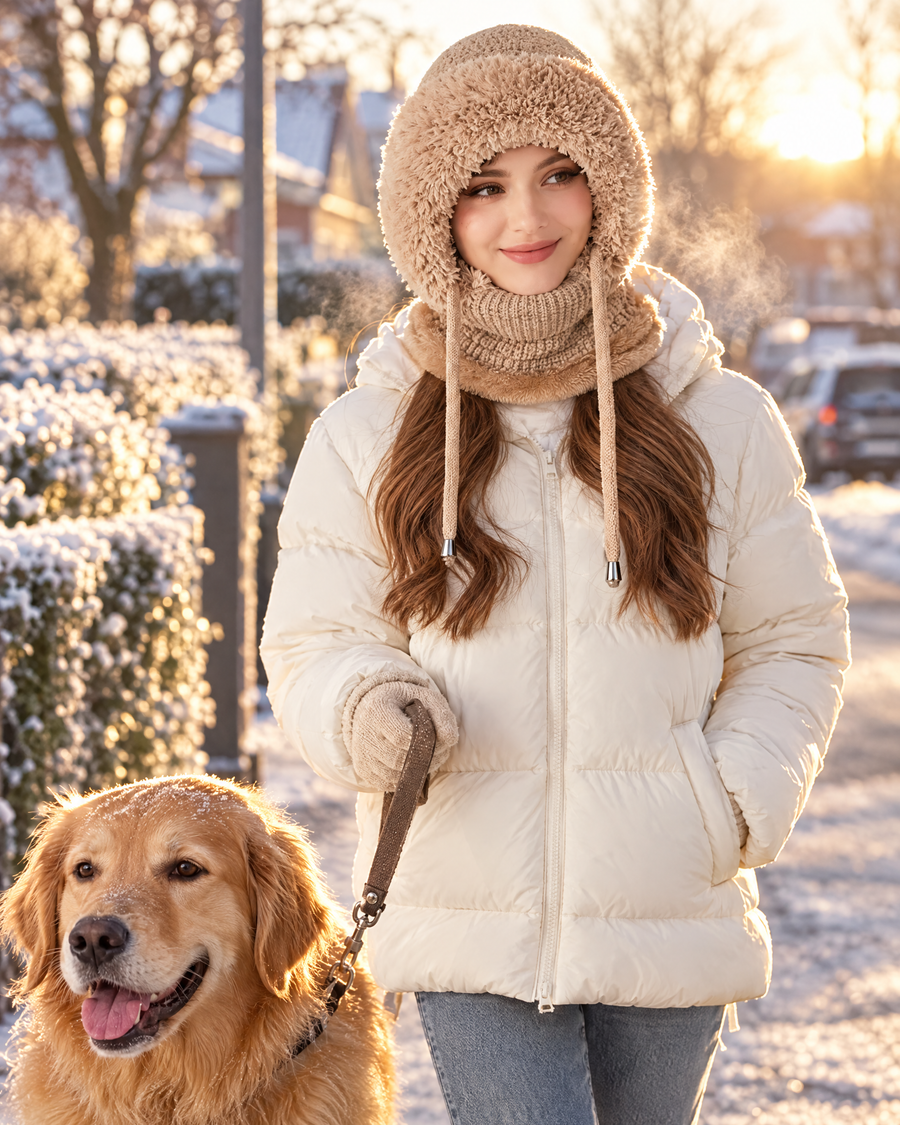 Khaki hooded balaclava on a frosty dog walk