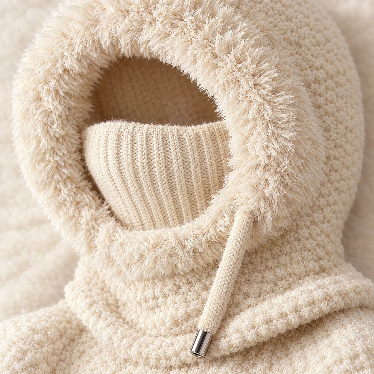 Close-up of the faux-fur trim, waffle knit, ribbed mask and drawstring tip